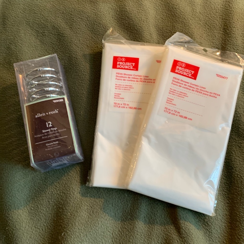 NIP Allen & Roth shower rings and 2 Project Source shower curtain liners 70”x72”